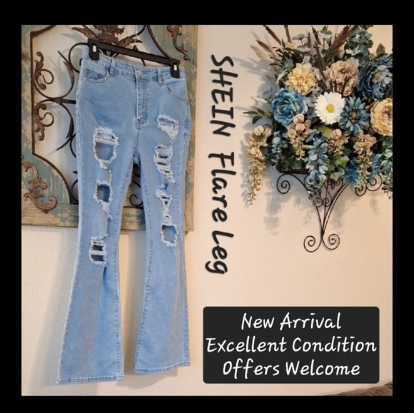 SHEIN Light Blue Distressed Flare Jeans. Excellent Condition Size Petite Medium - Picture 1 of 7